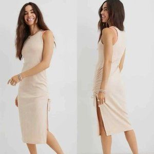 Aerie Cream Ivory Ruched Ribbed Midi Dress Size S